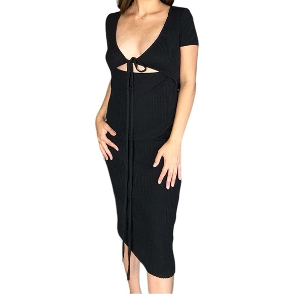 Zara Black Ribbed Knit Short Sleeve Midi Dress Women’s US L - Picture 1 of 9